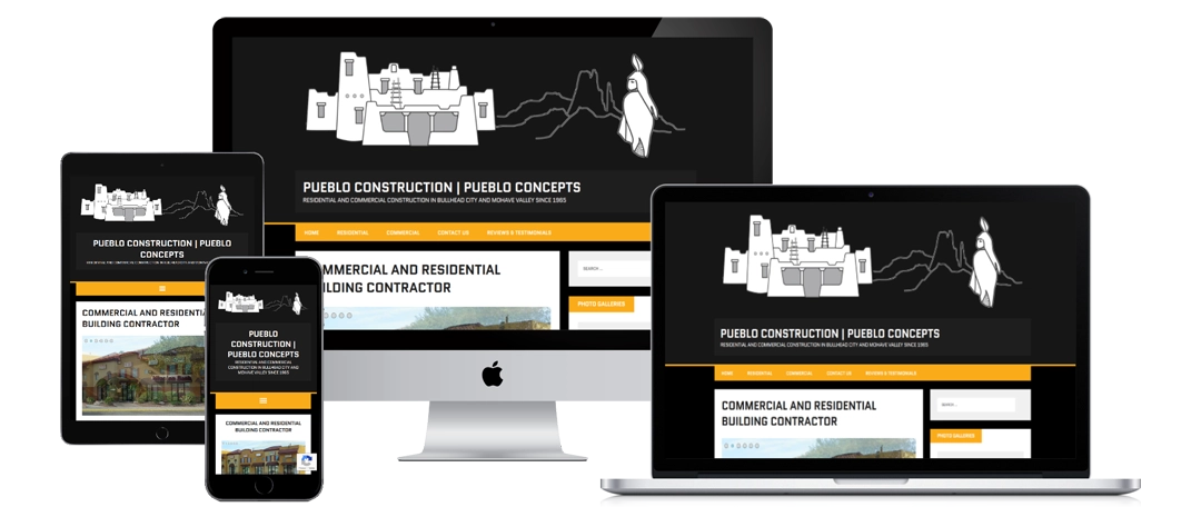 A website for Pueblo Construction is displayed on a smartphone, tablet, laptop, and desktop monitor, showing a consistent black, white, and orange design with a construction-themed illustration in the header.