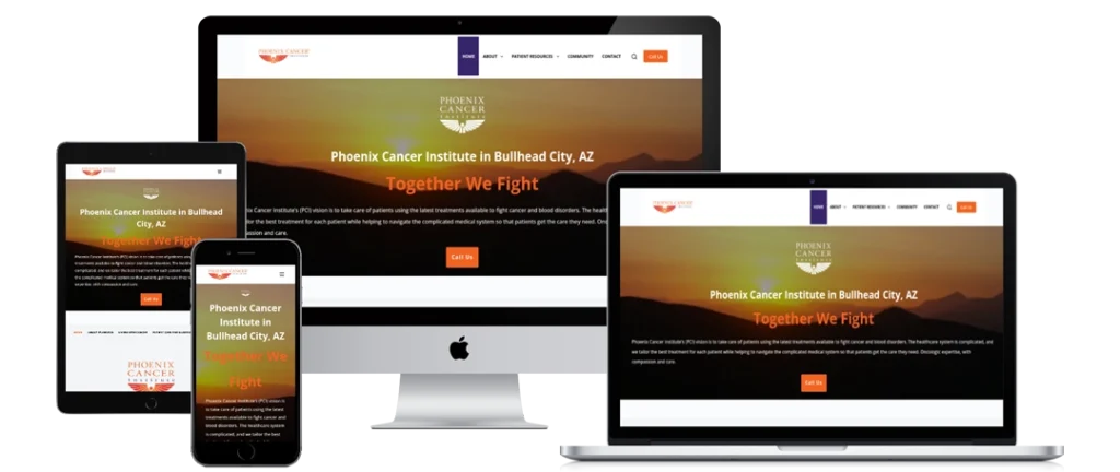 A website for the Phoenix Cancer Institute in Bullhead City, AZ is displayed on a desktop monitor, laptop, tablet, and smartphone. The website features an orange theme with the headline 