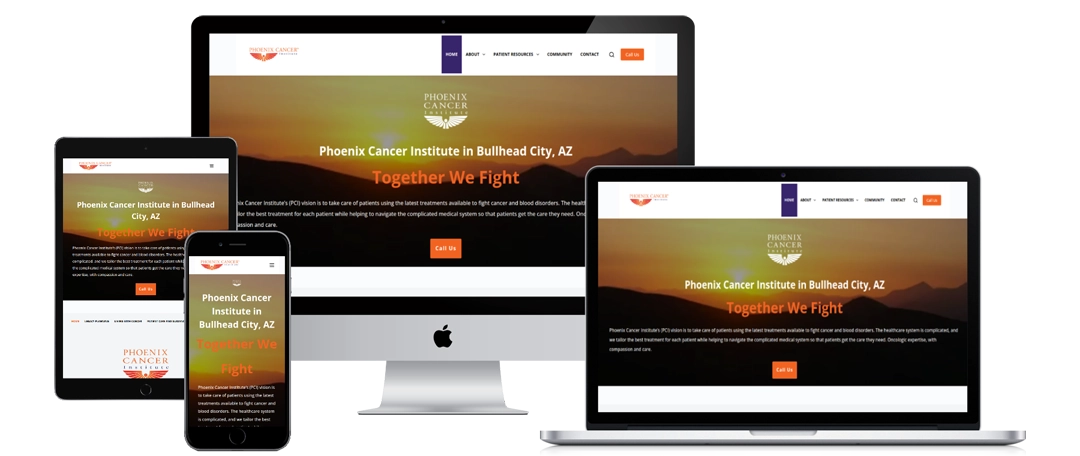 A website for the Phoenix Cancer Institute in Bullhead City, AZ is displayed on a desktop monitor, laptop, tablet, and smartphone. The website features an orange theme with the headline "Together We Fight.