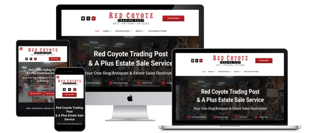 Screenshot shows the Red Coyote Trading Post website displayed on a smartphone, tablet, laptop, and desktop, illustrating the site’s responsive design across multiple devices. The homepage headline and navigation are visible.