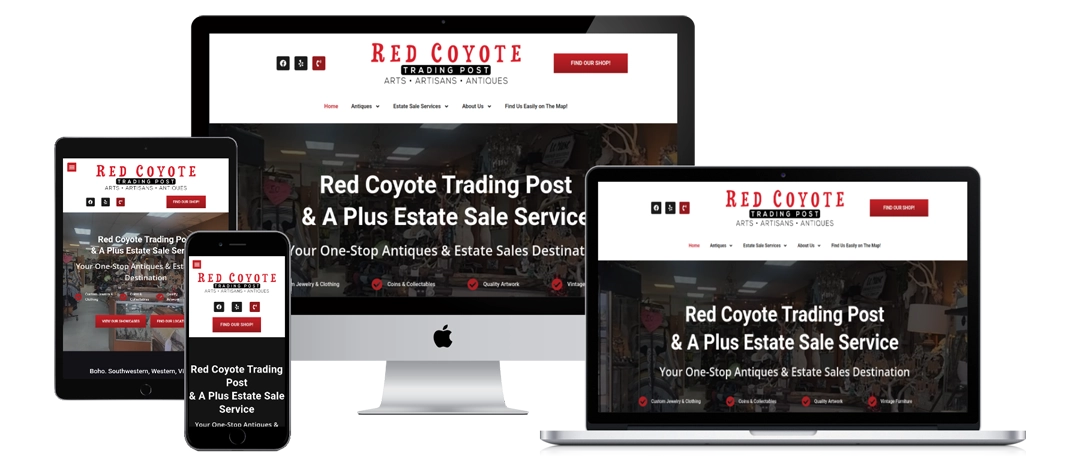 Screenshot shows the Red Coyote Trading Post website displayed on a smartphone, tablet, laptop, and desktop, illustrating the site’s responsive design across multiple devices. The homepage headline and navigation are visible.