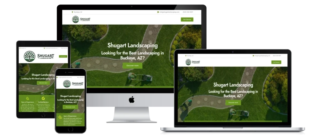 A landscaping company’s website, “Shugart Landscaping,” is displayed on a desktop, laptop, tablet, and smartphone, showing the same green-themed homepage and logo across all devices.