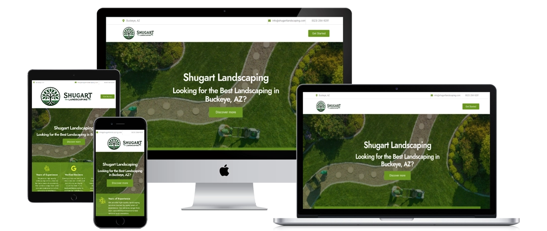 A landscaping company’s website, “Shugart Landscaping,” is displayed on a desktop, laptop, tablet, and smartphone, showing the same green-themed homepage and logo across all devices.