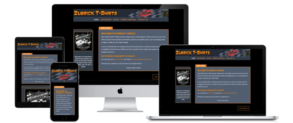 A website for Zubrick T-Shirts is displayed on a smartphone, tablet, desktop monitor, and laptop, illustrating the site’s responsive design across different devices. The website features a dark background with orange and white text.