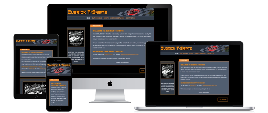 A website for Zubrick T-Shirts is displayed on a smartphone, tablet, desktop monitor, and laptop, illustrating the site’s responsive design across different devices. The website features a dark background with orange and white text.