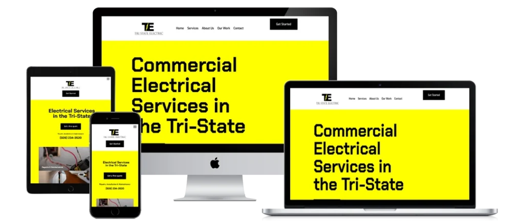 A website for commercial electrical services in the Tri-State area is displayed on a desktop computer, laptop, tablet, and smartphone screen, all showing a yellow background with bold black text.