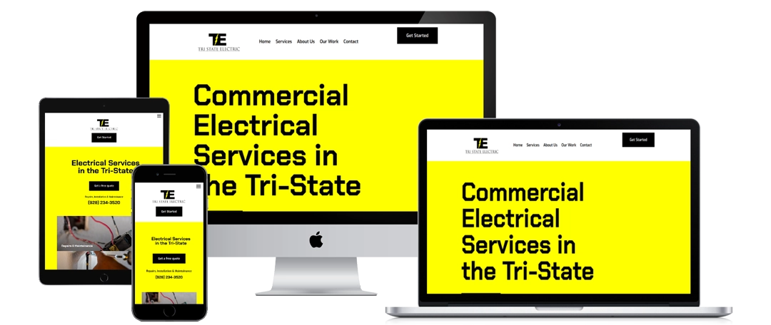 A website for commercial electrical services in the Tri-State area is displayed on a desktop computer, laptop, tablet, and smartphone screen, all showing a yellow background with bold black text.