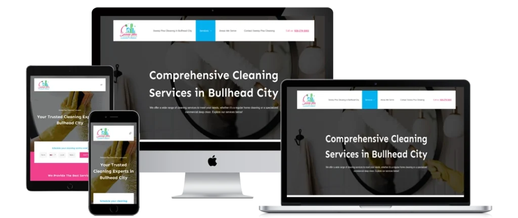 A website for a cleaning service is shown on a smartphone, tablet, laptop, and desktop monitor, displaying the homepage text 