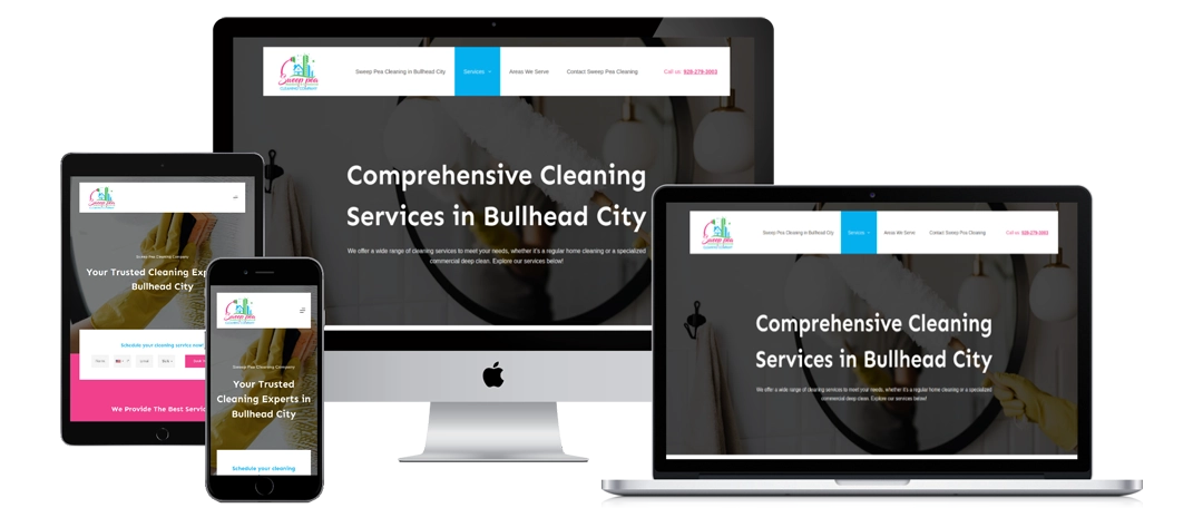 A website for a cleaning service is shown on a smartphone, tablet, laptop, and desktop monitor, displaying the homepage text "Comprehensive Cleaning Services in Bullhead City" on each device.