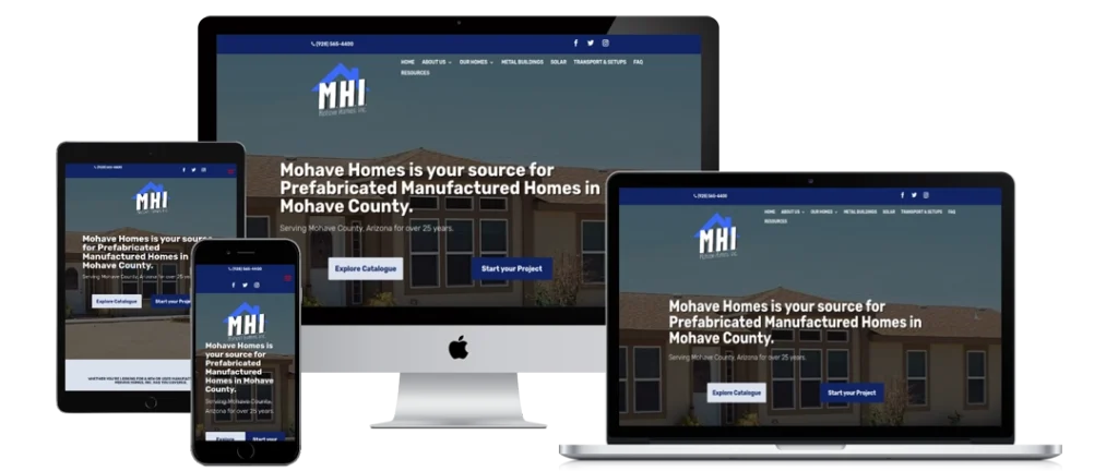 A website for Mohave Homes is displayed on a smartphone, tablet, laptop, and desktop monitor. All devices show the homepage with similar content and layout, featuring a blue header, logo, and navigation menu.