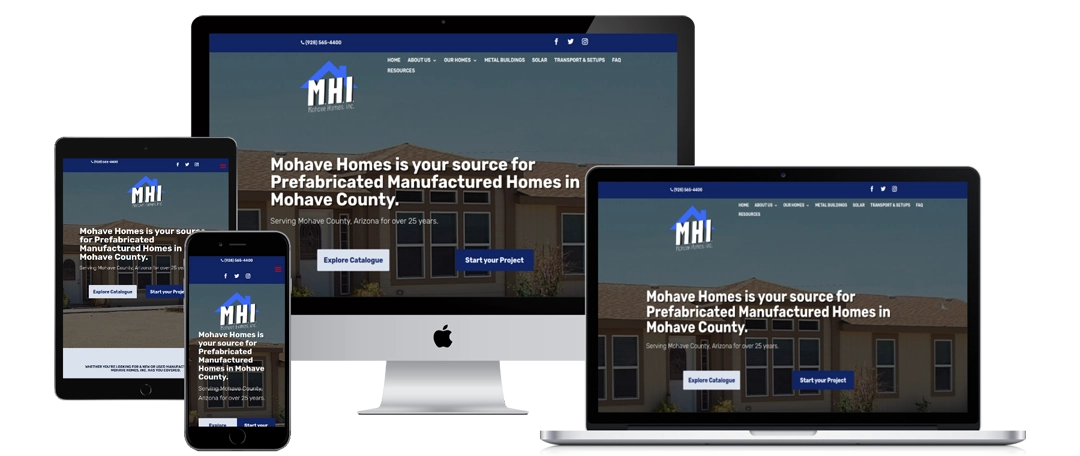 A website for Mohave Homes is displayed on a smartphone, tablet, laptop, and desktop monitor. All devices show the homepage with similar content and layout, featuring a blue header, logo, and navigation menu.
