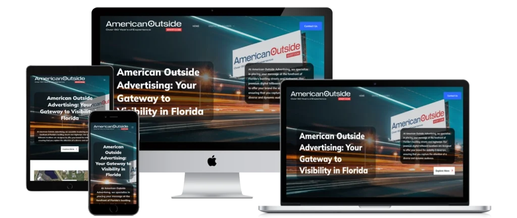 The American Outside Advertising website is displayed on a smartphone, tablet, desktop, and laptop, showing responsive web design. The homepage features a billboard and the tagline, 