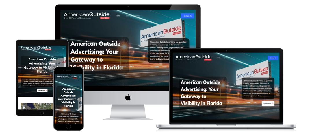 The American Outside Advertising website is displayed on a smartphone, tablet, desktop, and laptop, showing responsive web design. The homepage features a billboard and the tagline, "Your Gateway to Visibility in Florida.