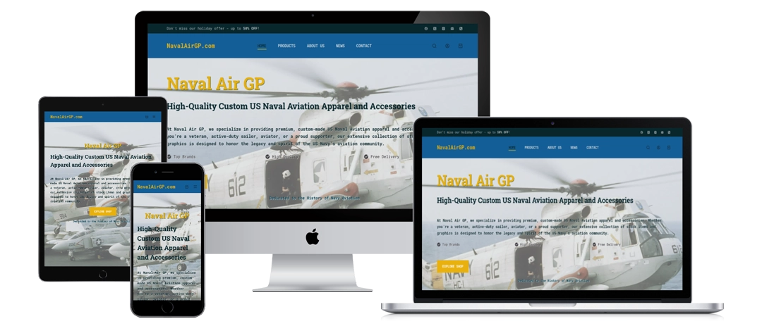 A website with a helicopter image and the title "Naval Air GP" is displayed on a smartphone, tablet, laptop, and desktop, showing a responsive design across different screen sizes.