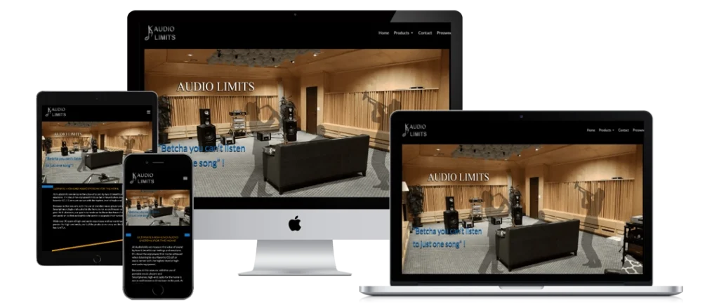 Website for Audio Limits shown on a smartphone, tablet, laptop, and desktop. The homepage features a wooden-walled listening room with speakers and seating. The site menu includes Home, Products, Contact, and Promos.
