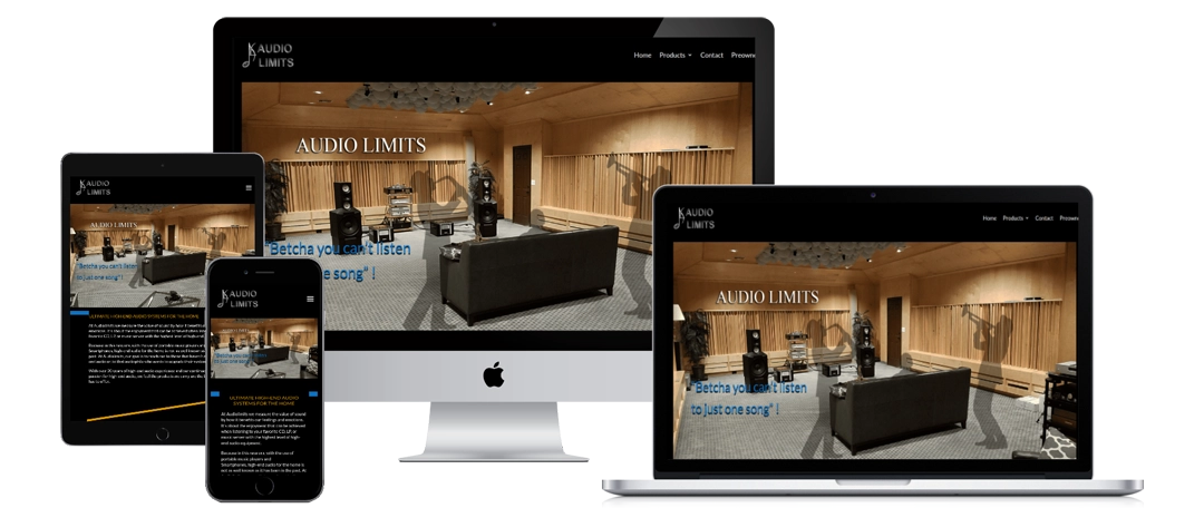 Website for Audio Limits shown on a smartphone, tablet, laptop, and desktop. The homepage features a wooden-walled listening room with speakers and seating. The site menu includes Home, Products, Contact, and Promos.