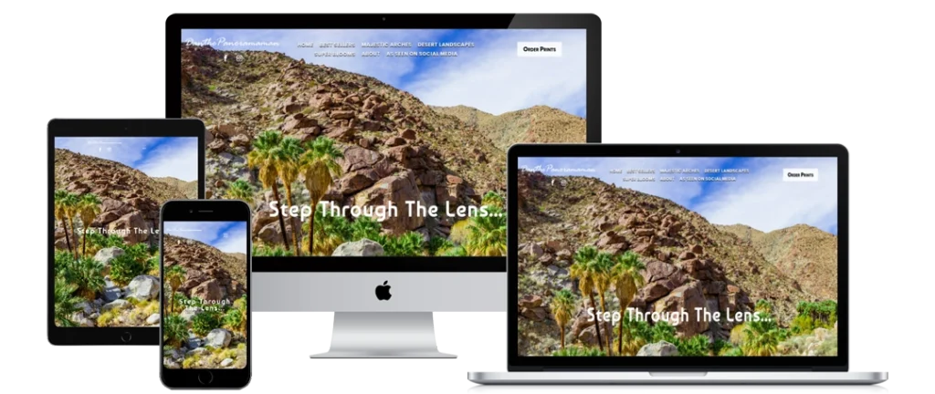 A website displaying a rocky desert landscape with palm trees and 