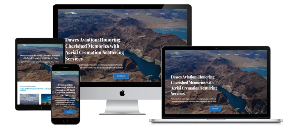 A website featuring aerial cremation scattering services is displayed on a desktop computer, laptop, tablet, and smartphone, showing the same homepage with a landscape image of a lake and mountains in the background.