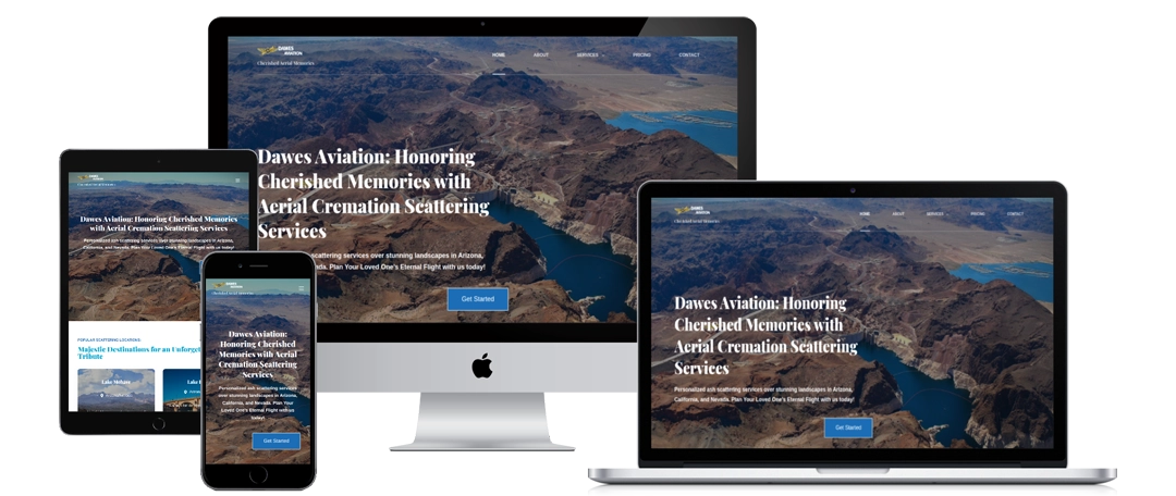 A website featuring aerial cremation scattering services is displayed on a desktop computer, laptop, tablet, and smartphone, showing the same homepage with a landscape image of a lake and mountains in the background.