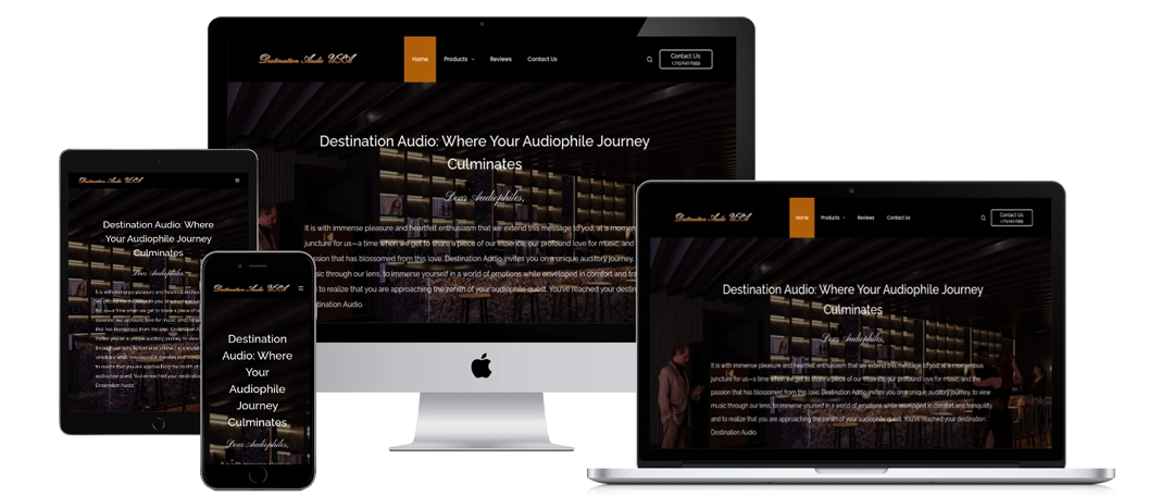 A website for "Destination Audio NYC" is displayed on a desktop computer, laptop, tablet, and smartphone, showing responsive design and the homepage headline: "Destination Audio: Where Your Audiophile Journey Culminates.