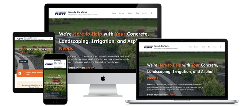 A website for Kennedy Site Works is displayed on a smartphone, tablet, laptop, and desktop monitor, showing its responsive design. The homepage headline mentions concrete, landscaping, irrigation, and asphalt services.