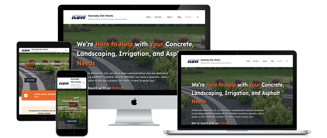 A website for Kennedy Site Works is displayed on a smartphone, tablet, laptop, and desktop monitor, showing its responsive design. The homepage headline mentions concrete, landscaping, irrigation, and asphalt services.