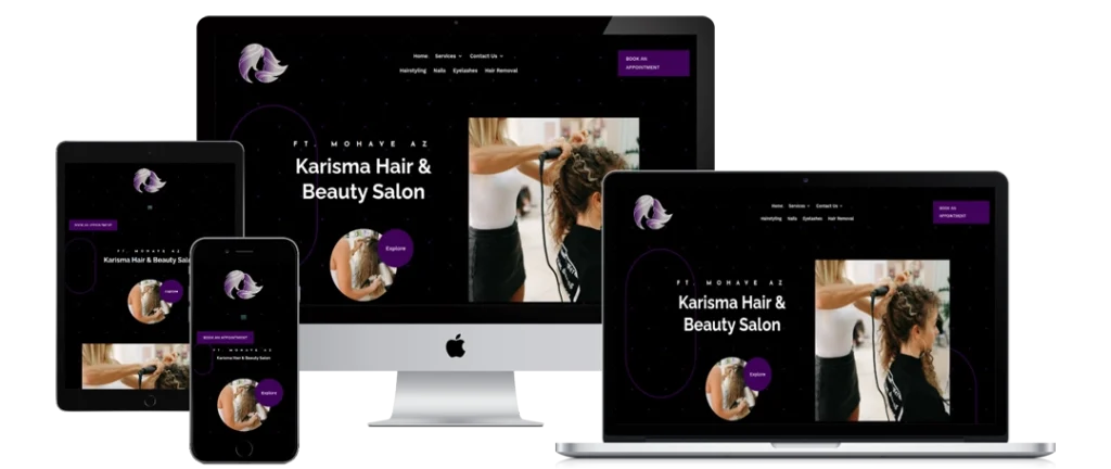 A hair and beauty salon website is displayed on a smartphone, tablet, desktop monitor, and laptop, showing its responsive design. The homepage features a stylist working on a client’s hair.