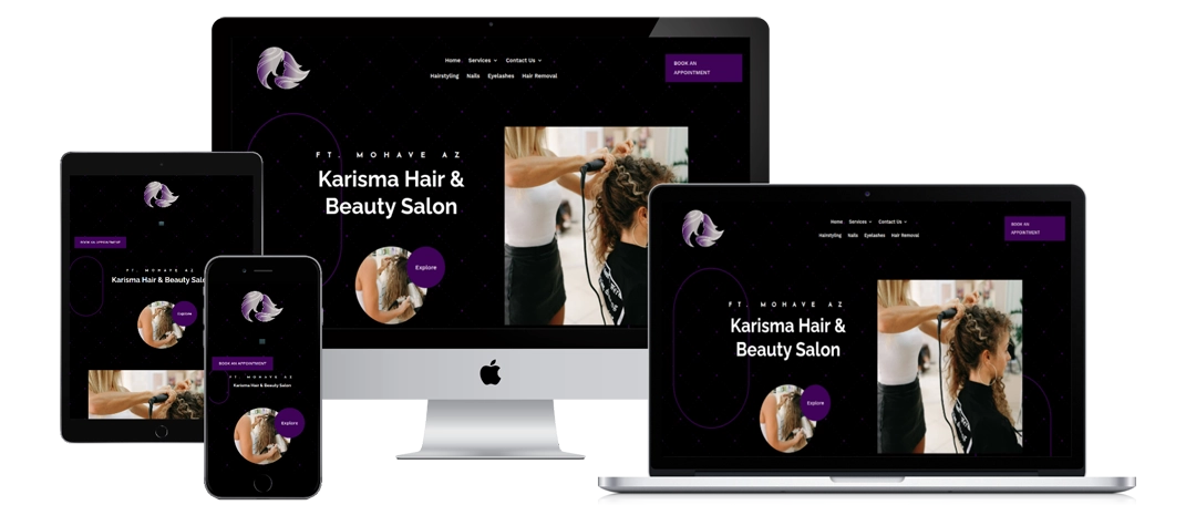 A hair and beauty salon website is displayed on a smartphone, tablet, desktop monitor, and laptop, showing its responsive design. The homepage features a stylist working on a client’s hair.