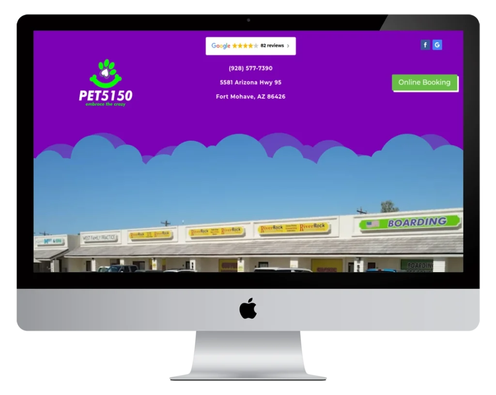 A computer screen displays the PET5150 website with a purple header, contact info, and navigation buttons. Below is a photo of a pet services business with yellow signs on building units.