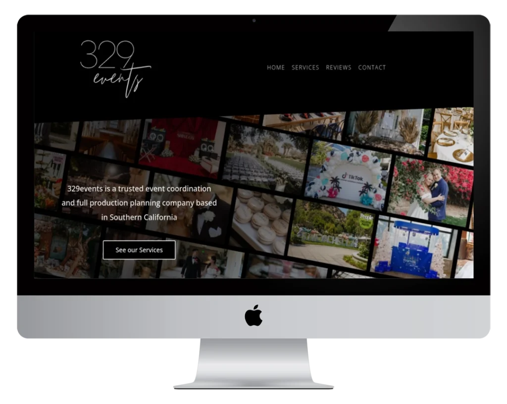 A computer monitor displays the homepage of 329events, an event coordination company. The screen shows a collage of event photos, a description of the company, and navigation links for Home, Services, Reviews, and Contact.