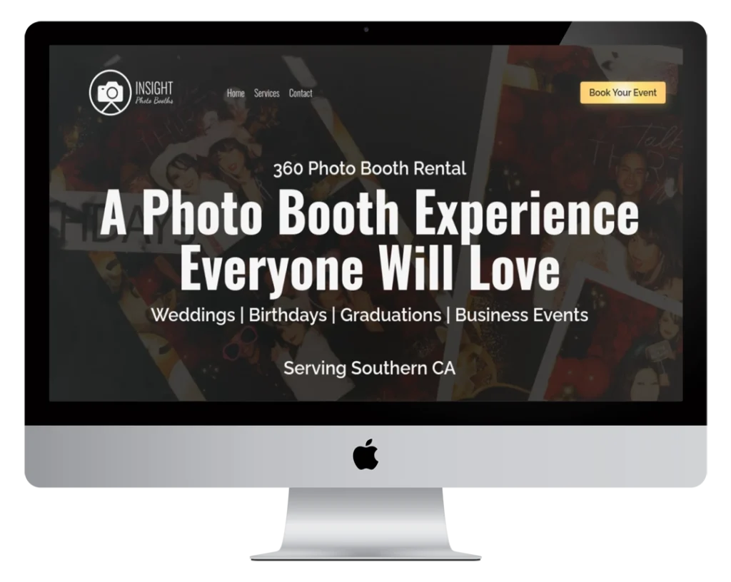 A computer monitor displays a website for Insight Photo Booths promoting 360 photo booth rentals for weddings, birthdays, graduations, and business events in Southern California. A “Book Your Event” button is visible.