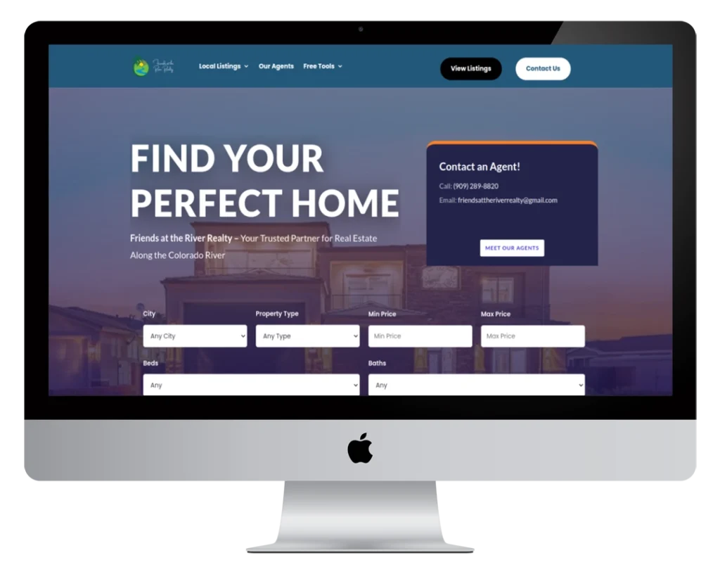 A real estate website displayed on a desktop screen reads “FIND YOUR PERFECT HOME” with a search form for city, property type, price, and beds/baths. A contact box for an agent appears to the right.