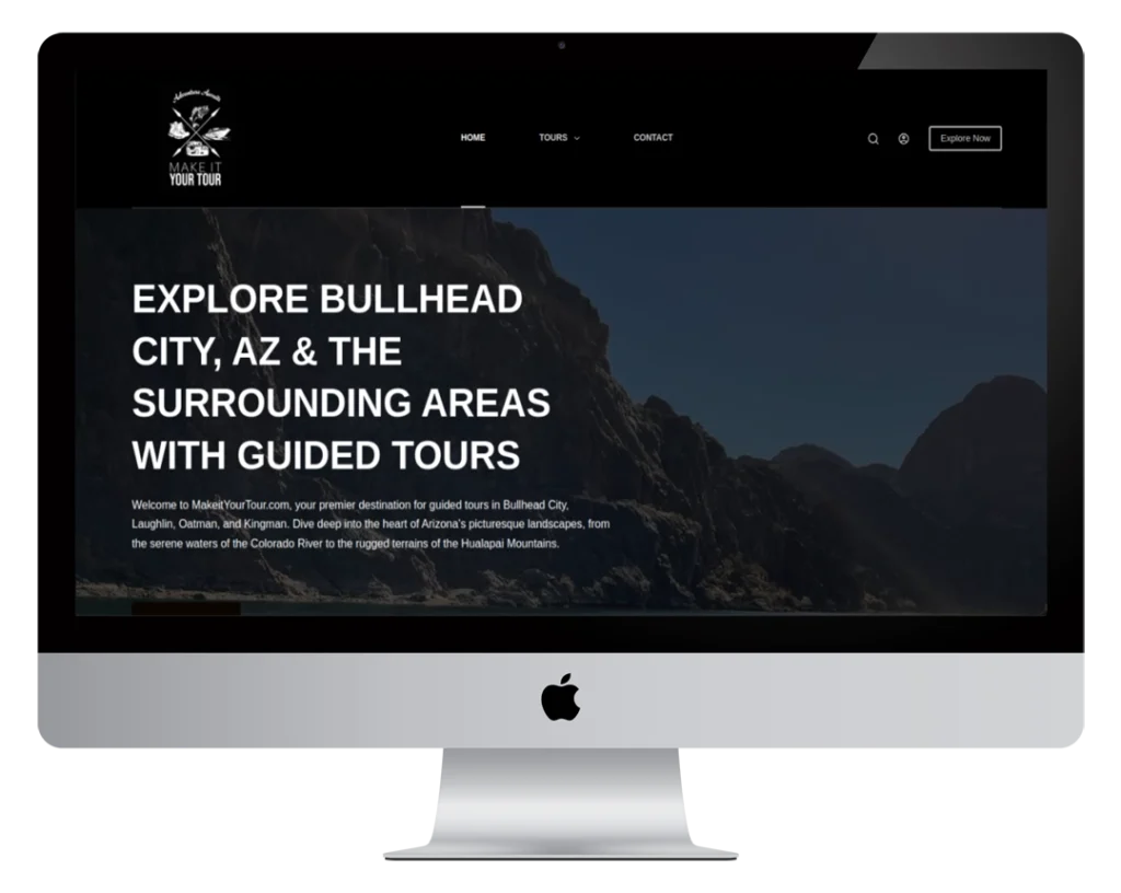 A desktop computer screen displays a website offering guided tours in Bullhead City, AZ, with large text and a background image of mountains under a clear sky. The main menu is visible at the top of the page.