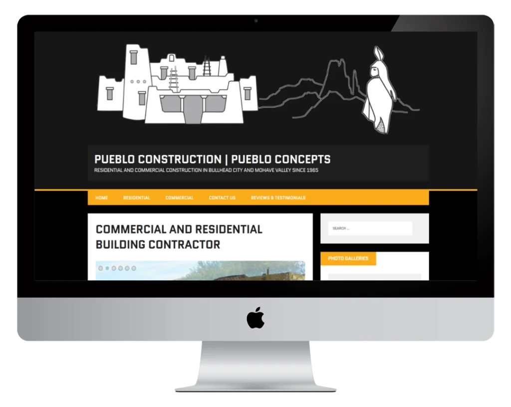 A computer screen displays the homepage of Pueblo Construction | Pueblo Concepts, featuring an illustrated building and bird, navigation menu, and a section titled 