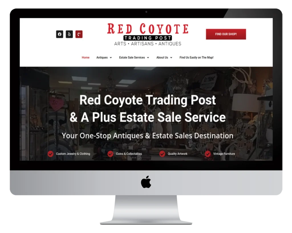 A desktop computer screen displays the Red Coyote Trading Post website, featuring its logo, navigation menu, and the headline 