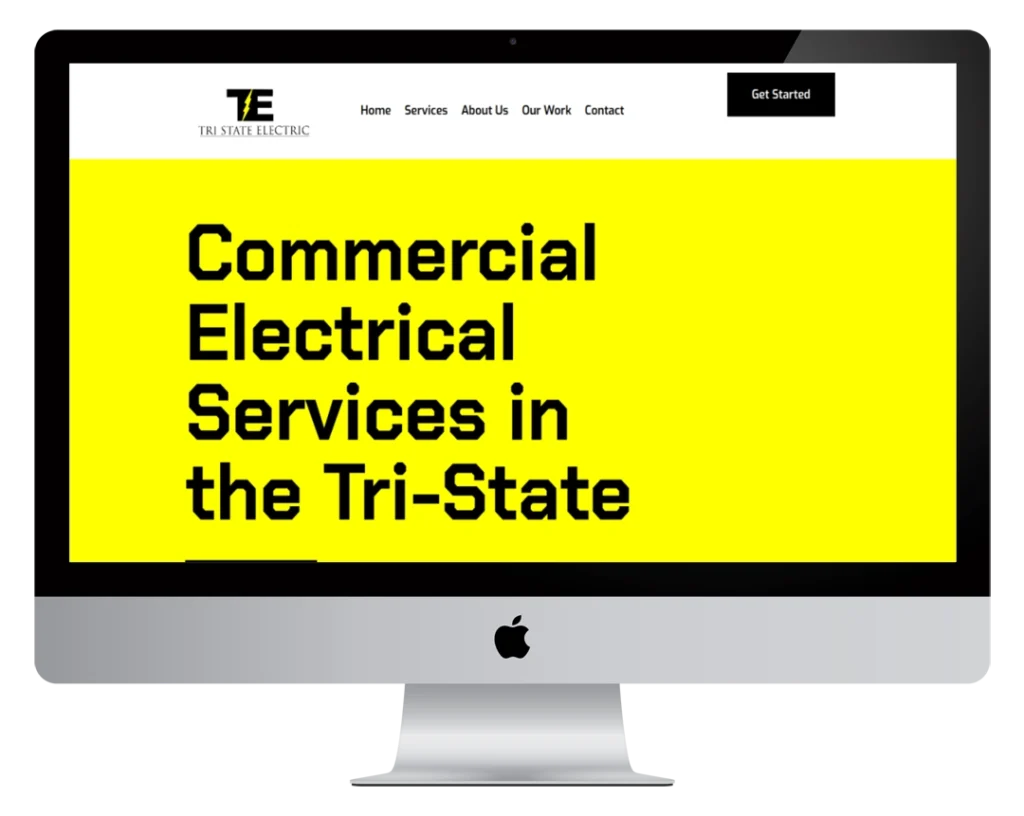A computer screen displays a website for Tri State Electric. The site features a yellow section with bold black text reading 