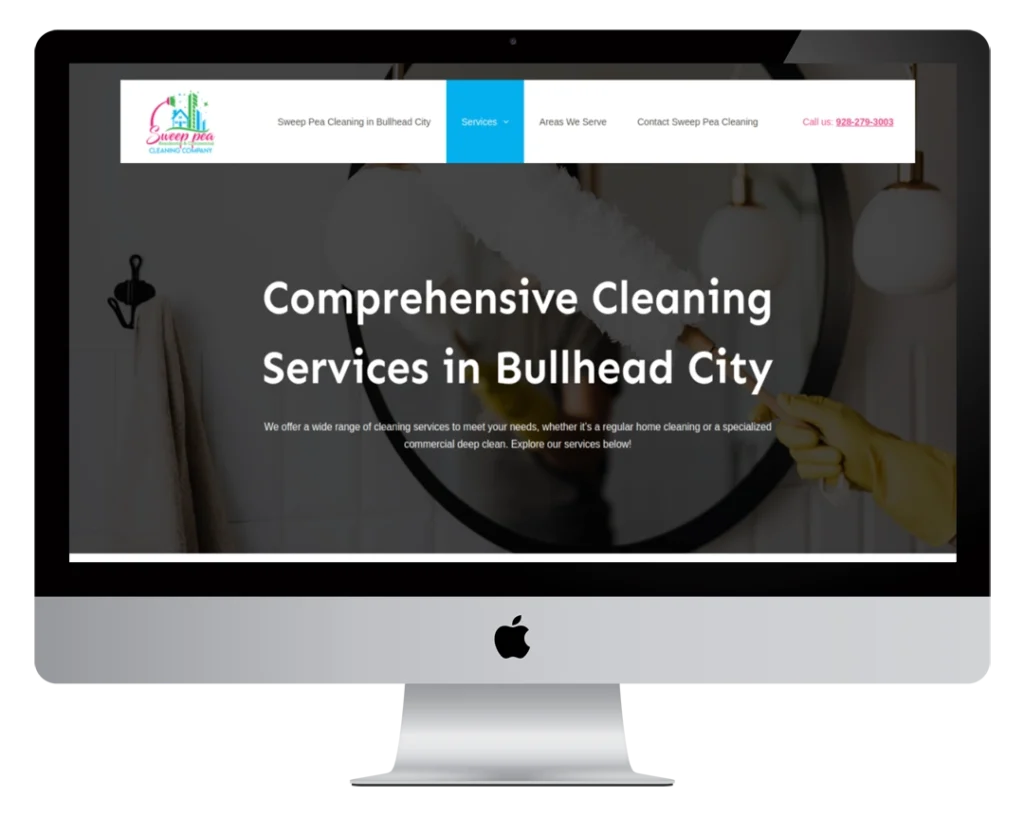 A computer monitor displays a website for Sweep Pros Cleaning in Bullhead City, showing the main headline 