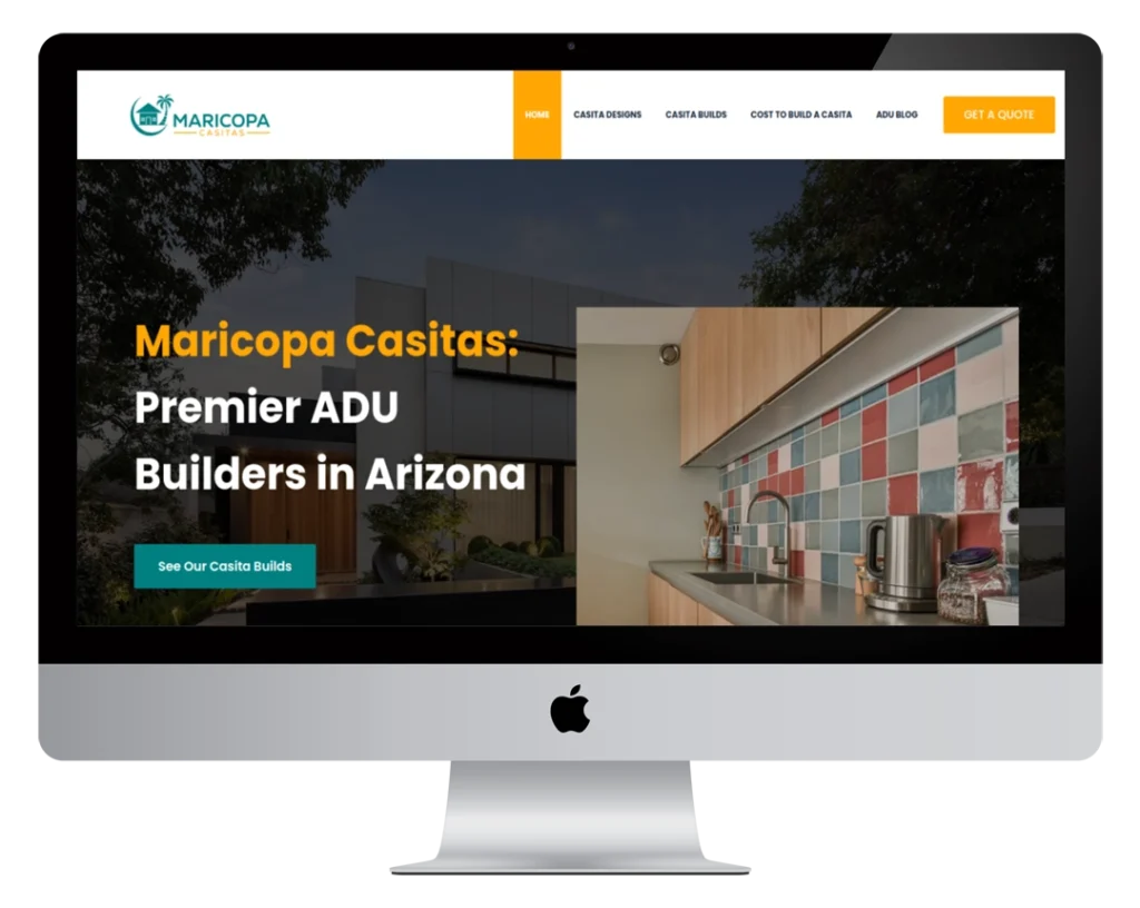 A computer monitor displays a website for Maricopa Casitas, featuring a banner that reads 