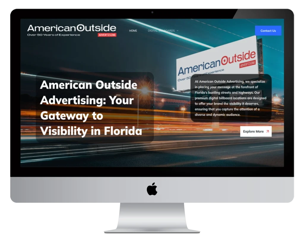 A desktop monitor displays the homepage of American Outside Advertising, featuring the text “Your Gateway to Visibility in Florida” and a city street background with website navigation and a blue “Contact Us” button.