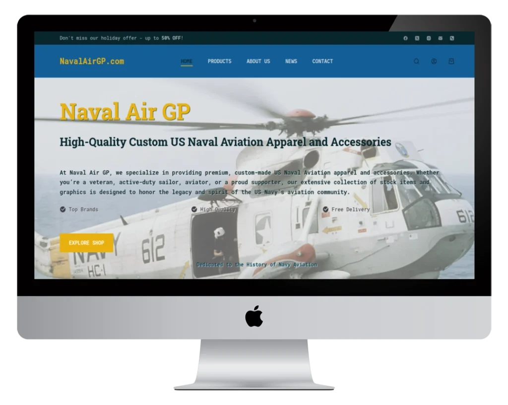 A desktop computer screen displays the homepage of Naval Air GP, featuring a large image of a Navy helicopter, navigation menu, and text promoting custom US Naval Aviation apparel and accessories.