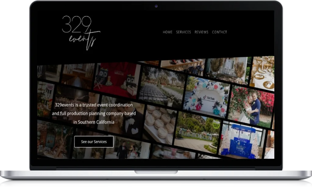 A laptop displays the homepage of 329 Events, an event coordination and production planning company. The screen shows a logo, navigation menu, a brief company description, and a collage of event photos.