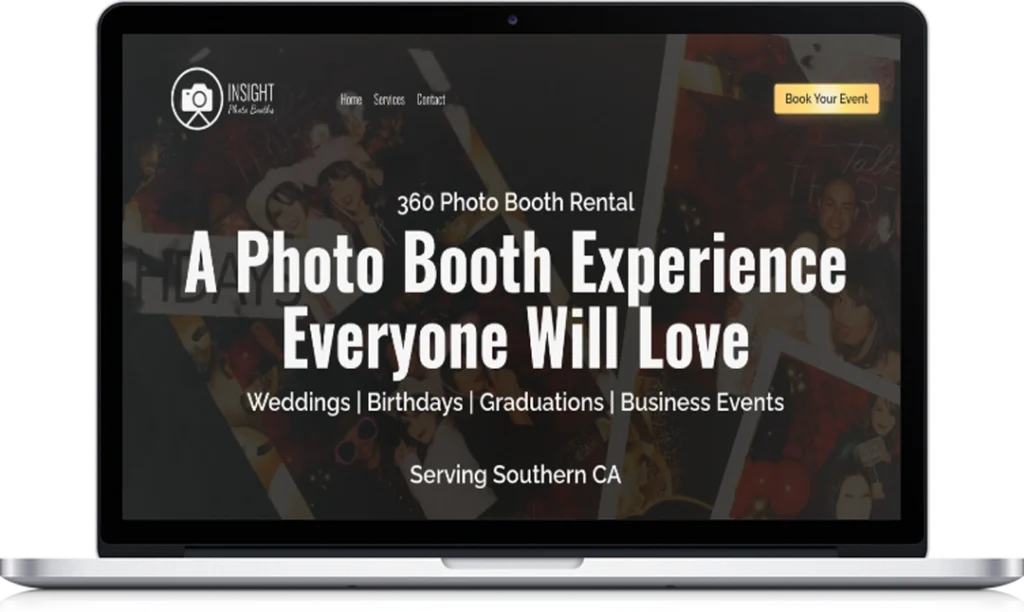 A laptop screen displays a website for Insight Photo Booths, advertising a 360 photo booth rental for weddings, birthdays, graduations, and business events in Southern California. A 