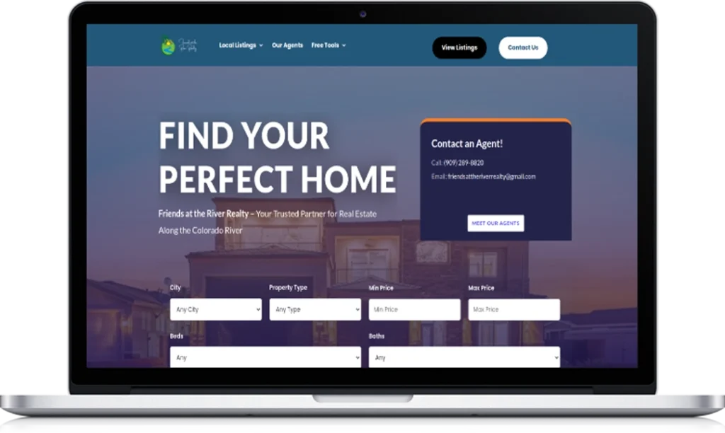 A laptop displays a real estate website with the title 