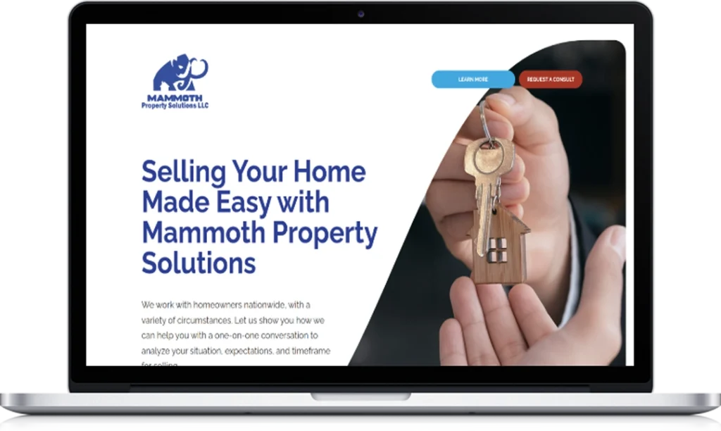 A laptop screen displays a website for Mammoth Property Solutions LLC, showing a person handing over house keys and the headline 