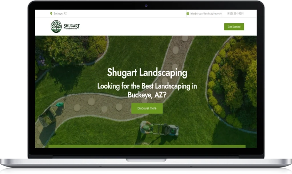 A laptop displays the homepage of Shugart Landscaping, featuring an aerial view of a lawn with mowing patterns, the company logo, contact info, and text asking if you are looking for the best landscaping in Buckeye, AZ.