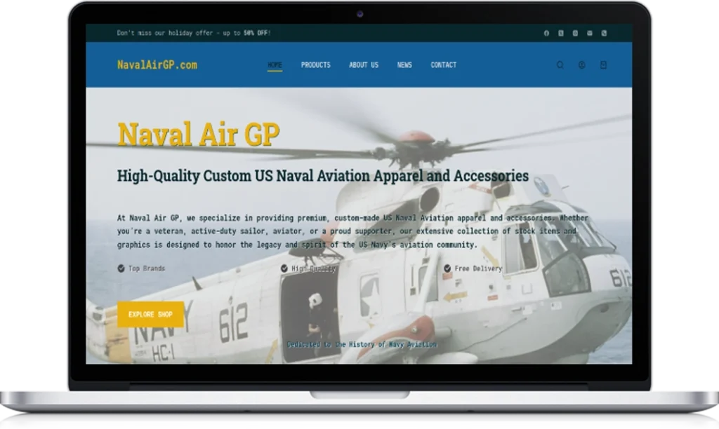A laptop screen displays the homepage of the Naval Air GP website, featuring a naval helicopter, navigation menu, and a banner advertising custom US naval aviation apparel and accessories.