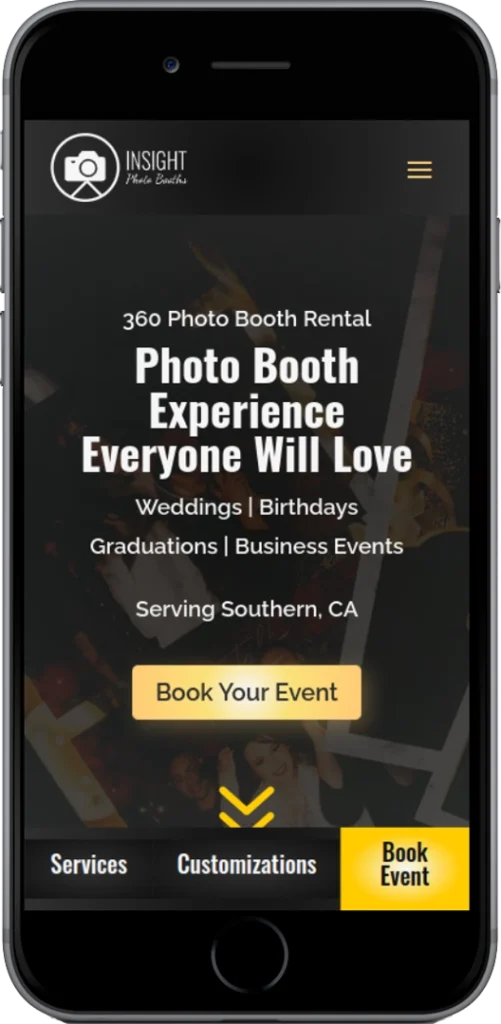 A smartphone displays a website for Insight Photo Booth, advertising a 360 photo booth rental for weddings, birthdays, graduations, and business events in Southern California with options to book an event.
