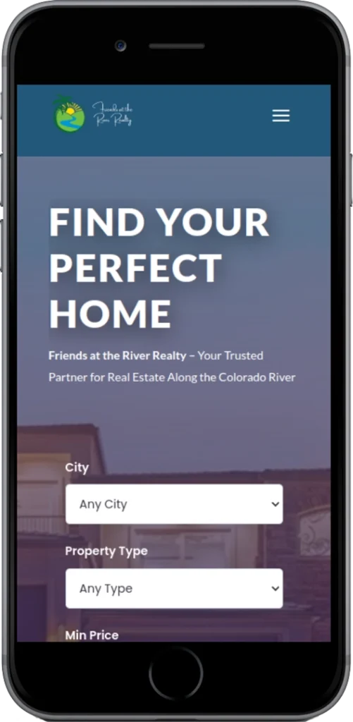A smartphone screen displays a real estate website with the headline 