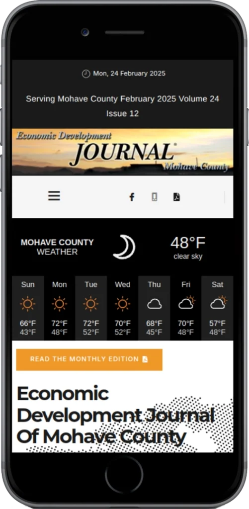 A smartphone displays the Economic Development Journal of Mohave County website. The screen shows the date, weather forecast, current temperature, and a button to read the monthly edition.
