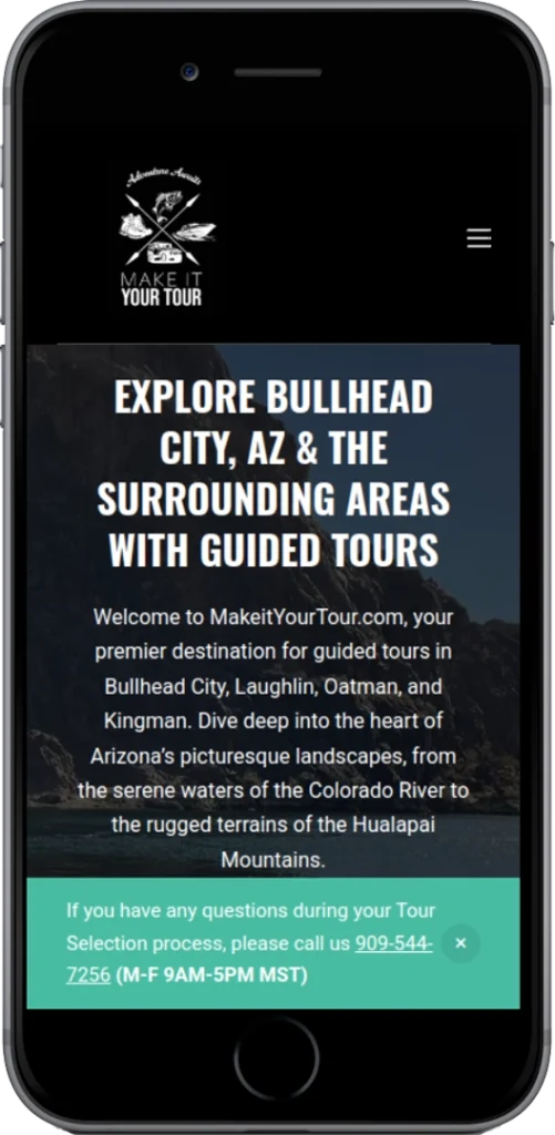 A smartphone displays a website for Make It Your Tour, offering guided tours in Bullhead City, Arizona, and nearby areas. The site features informational text and a contact phone number in green for tour selection inquiries.